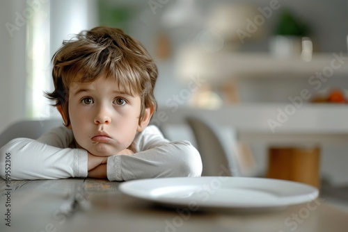 Obraz na płótnie Young Boy Sitting At Table With Empty Plate w salonie