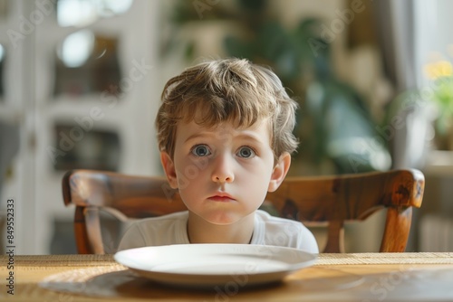 Young Boy Waiting for Food at Dining Table in Home photo