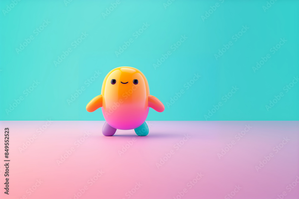 A cute yellow blob-like animated character with a content expression set against a gradient backdrop A cute yellow blob-like animated character with a content expression set against a gradient backdrop