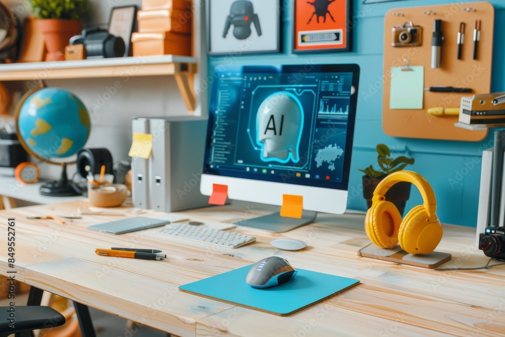 AI research station with interactive tablet displaying neural networks, bridging tech and user engagement.