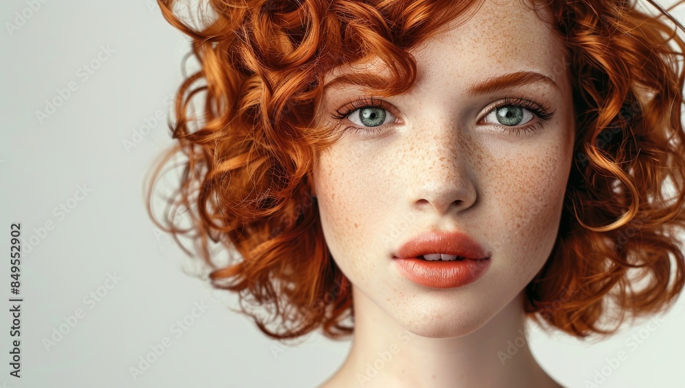 Young woman with curly red hair, short bob hairstyle. Closeup portrait of beautiful girl on white background in studio. Beauty and style concept Young woman with curly red hair, short bob hairstyle. Closeup portrait of beautiful girl on white background in studio. Beauty and style concept