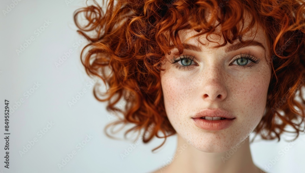Young woman with curly red hair, short bob hairstyle. Closeup portrait of beautiful girl on white background in studio. Beauty and style concept Young woman with curly red hair, short bob hairstyle. Closeup portrait of beautiful girl on white background in studio. Beauty and style concept