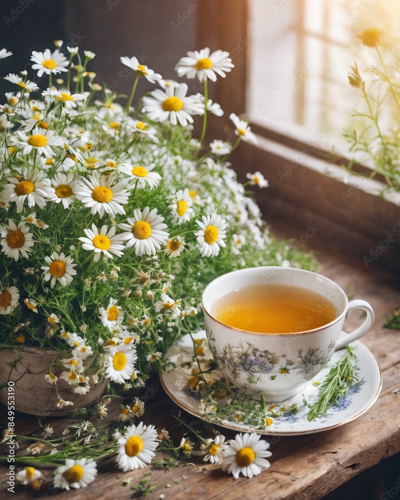 Chamomile tea in a white cup with chamomile flowers next to it, delicious calming beverage, relaxation. Soothing herbal tea blend with mint and chamomile. Chamomile tea in a white cup with chamomile flowers next to it, delicious calming beverage, relaxation. Soothing herbal tea blend with mint and chamomile.