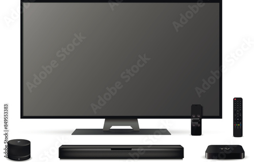 Realistic smart tv with remote control, sound bar, tv set-top box and smart speaker