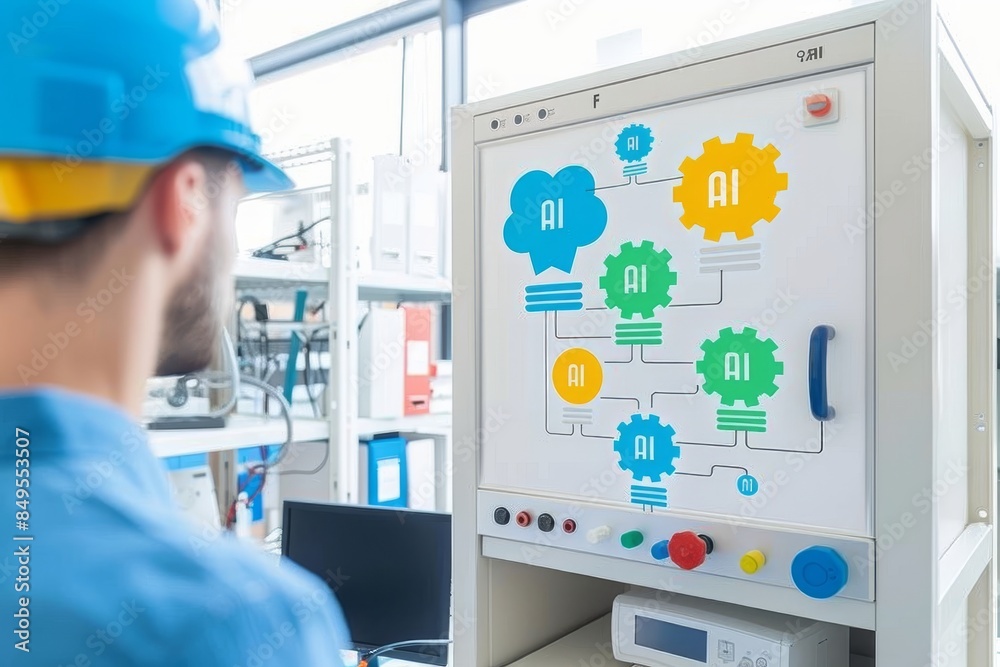 Industrial AI interface with touchscreen capabilities in a manufacturing setting, enhancing operational efficiency. Industrial AI interface with touchscreen capabilities in a manufacturing setting, enhancing operational efficiency.