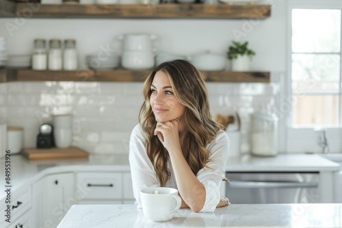 Serene Woman Enjoying Morning Coffee in a Bright Kitchen Space