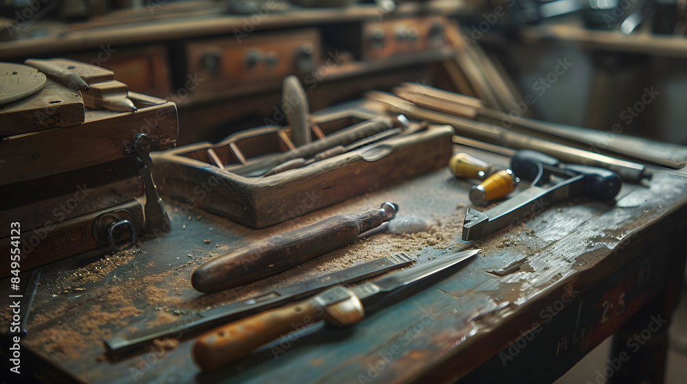 A table with various tools including a pair of scissors and a knife A table with various tools including a pair of scissors and a knife