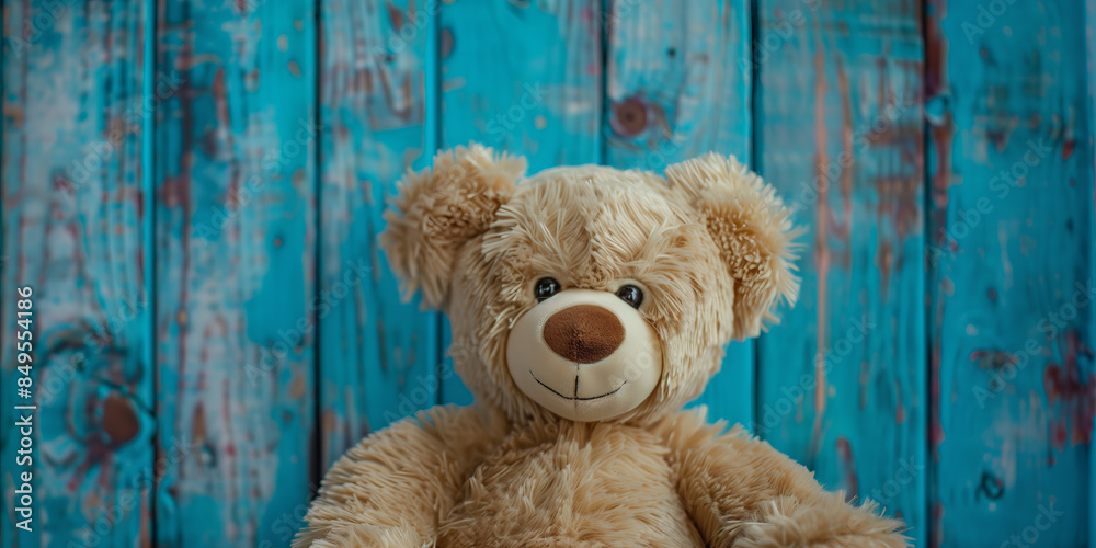 Obraz premium Cute brown teddy bear friend toy sitting against blue wooden plank background, children's room concept.