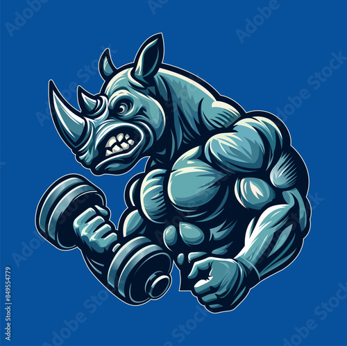 Rhino bodybuilder vector illustration. Gym logo. Sports nutrition logo. Gorila logotype. Rhino. Gorila sticker. Rhino big muscles, Aggressive rhino