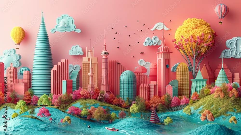 Obraz premium Creative Abstract Cityscape with Vibrant Colors and Fantasy Elements