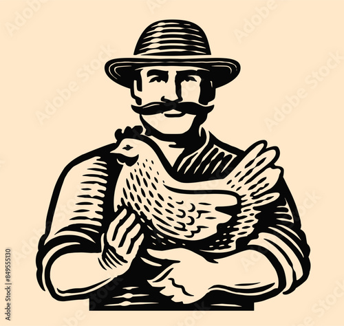 Wallpaper Mural Senior male farmer holding chicken logo. Poultry farm emblem. Hand drawn vector illustration Torontodigital.ca