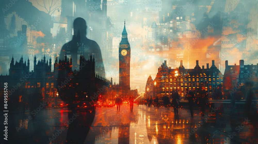 Obraz premium Double exposure photography of business man walking the street of beautiful London city, business, professional.