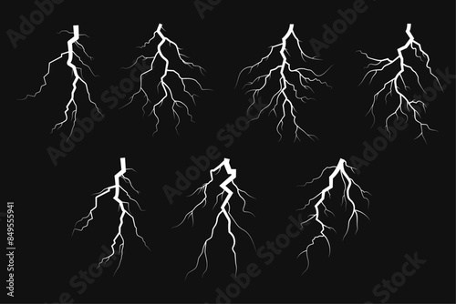 Lightning, electrostatic discharge during thunder bolt, different black line. Collection of natural phenomena of lightning or thunder. Vector illustration