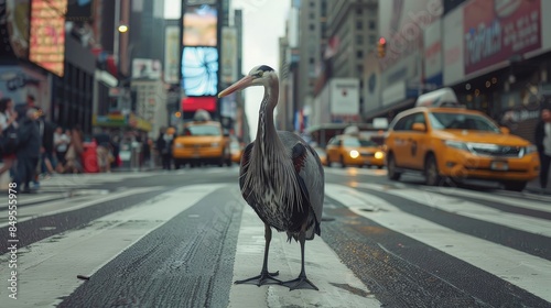 A Great Blue Heron stands confidently in the middle of a busy crosswalk in Times Square, New York City, as yellow cabs rush by