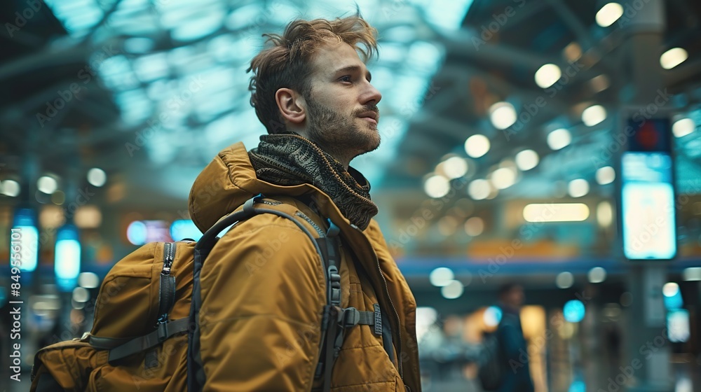Young Man with Backpack in a Modern Terminal Young Man with Backpack in a Modern Terminal