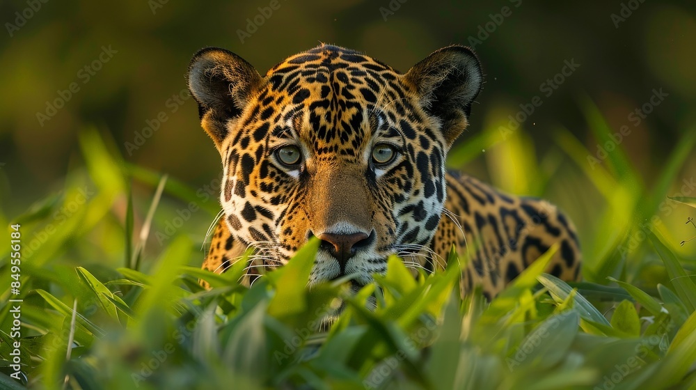 Obraz premium A majestic jaguar with piercing green eyes peers through dense foliage, its spotted coat camouflaged against the vibrant green backdrop of the Amazon rainforest