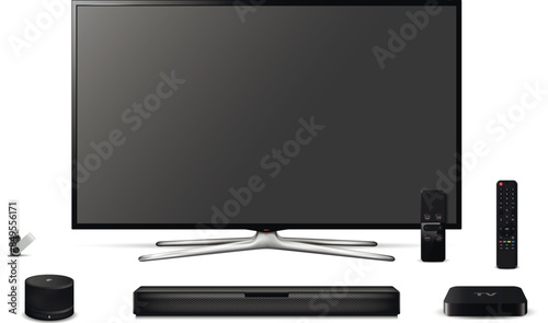 Realistic smart tv, sound bar, tv tuner, smart speaker and remote controls