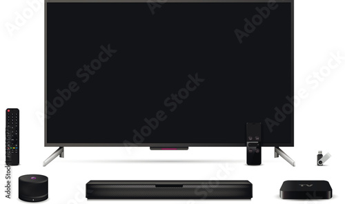 Realistic oled tv, sound bar, tv tuner, smart speaker, remote controls wih flash drive