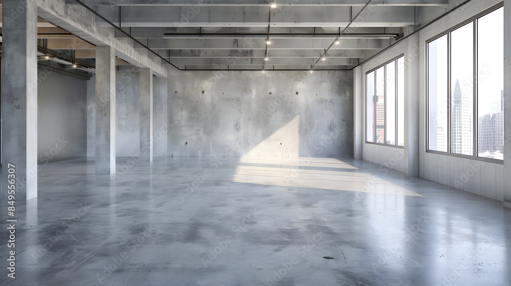 A large, empty room with a lot of windows and a concrete ceiling A large, empty room with a lot of windows and a concrete ceiling