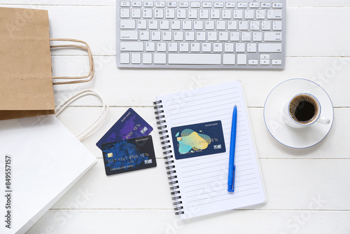Notebook with credit cards,...