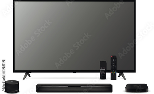 Realistic smart tv, sound bar, tv player box, smart speaker and remote controls