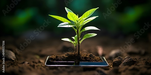 Nurturing the Environment through Digital Media Plant Growing in Phone. Concept Environmental Conservation, Digital Innovation, Plant Growth, Technology Integration, Sustainability Education photo