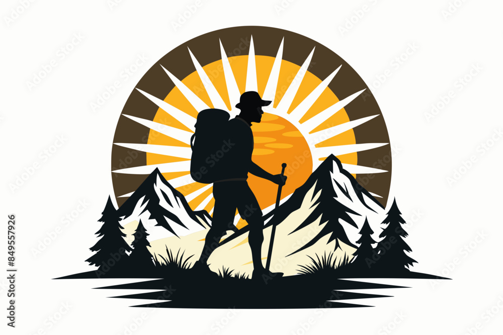 Vector t-shirt design. Black silhouette hiking vintage retro sunshine isolated on the background. Conceptual art, vibrant painting illustration.