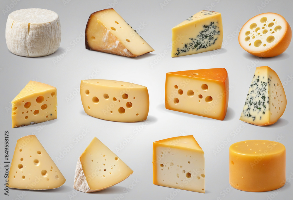 Cheese set of single alpha grooved cut-out pieces on isolated white background Cheese set of single alpha grooved cut-out pieces on isolated white background