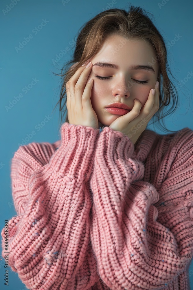 Young pensive sad woman. wearing a pink sweater, keeps his eyes closed and puts his hand on his nose. isolated on blue background. studio portrait Young pensive sad woman. wearing a pink sweater, keeps his eyes closed and puts his hand on his nose. isolated on blue background. studio portrait