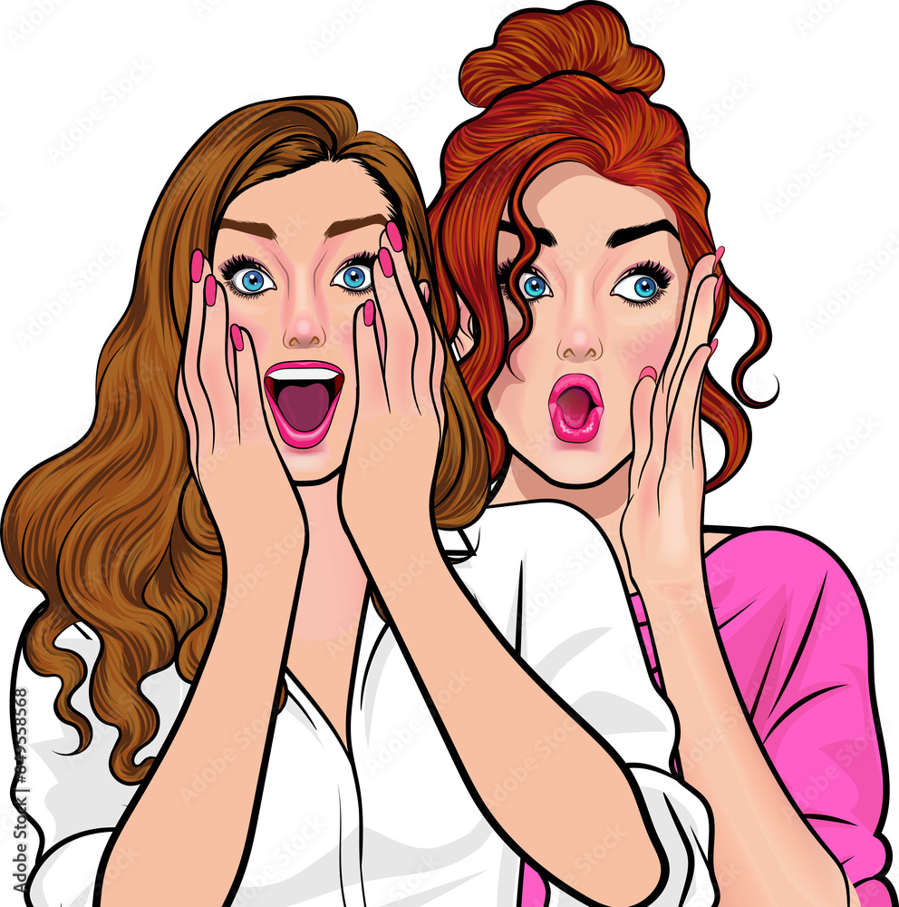 Woman whispering gossip or secret to her friend pop art comics style Woman whispering gossip or secret to her friend pop art comics style