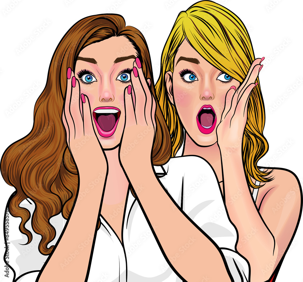 Woman whispering gossip or secret to her friend pop art comics style Woman whispering gossip or secret to her friend pop art comics style