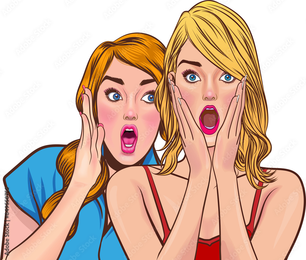 Woman whispering gossip or secret to her friend pop art comics style Woman whispering gossip or secret to her friend pop art comics style