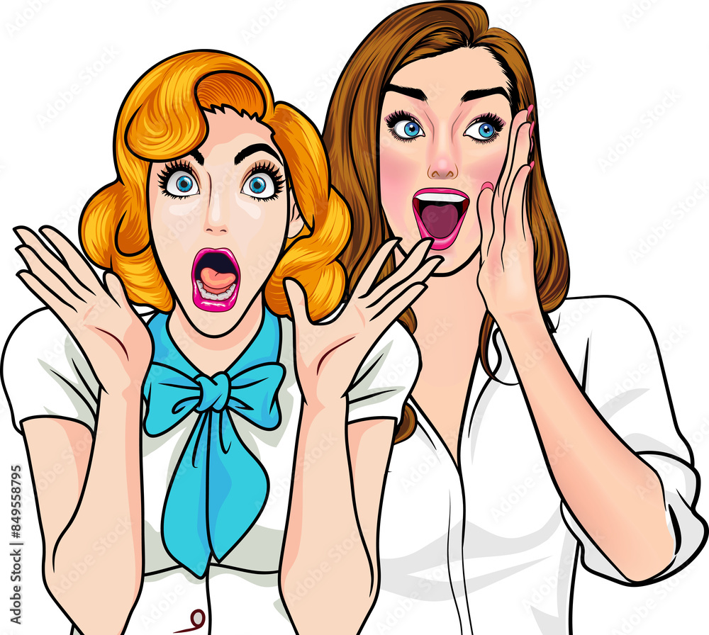 Woman whispering gossip or secret to her friend pop art comics style Woman whispering gossip or secret to her friend pop art comics style