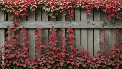 A beautifully weathered wooden fence adorned with vibrant autumn ivy leaves