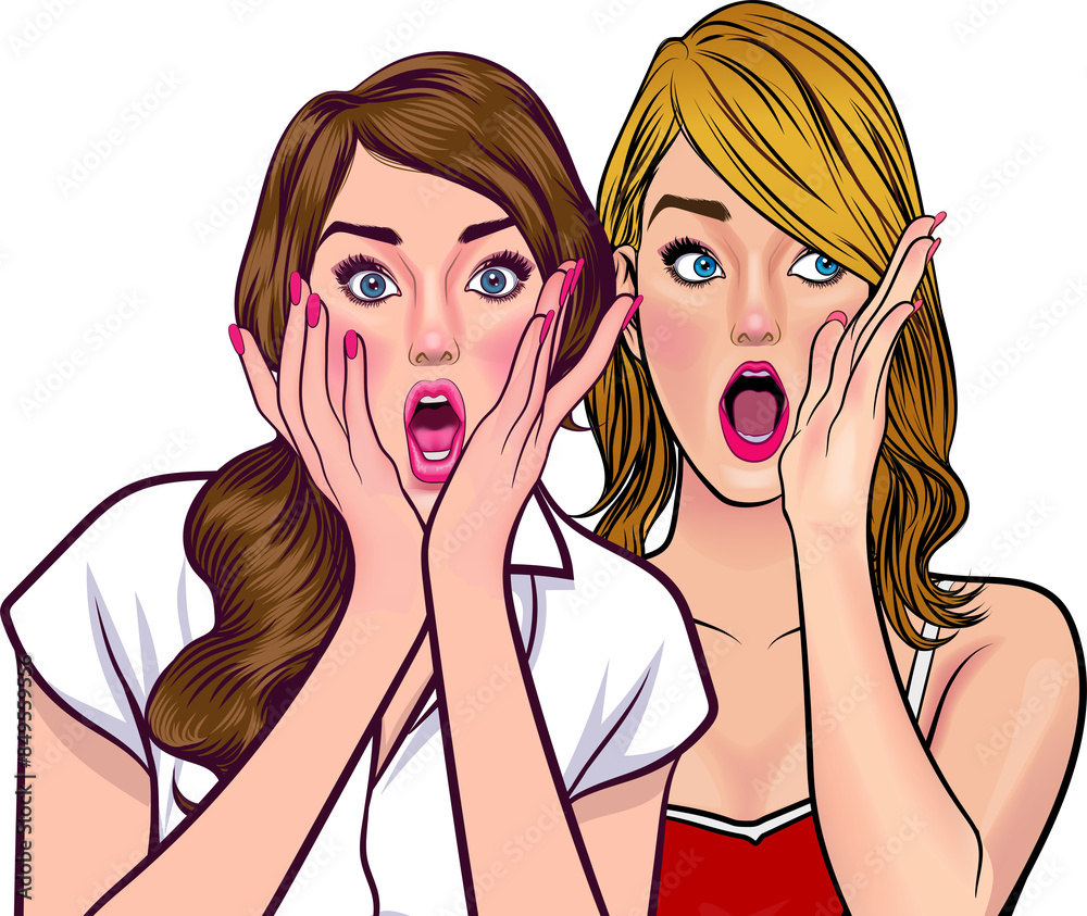 Woman whispering gossip or secret to her friend pop art comics style Woman whispering gossip or secret to her friend pop art comics style