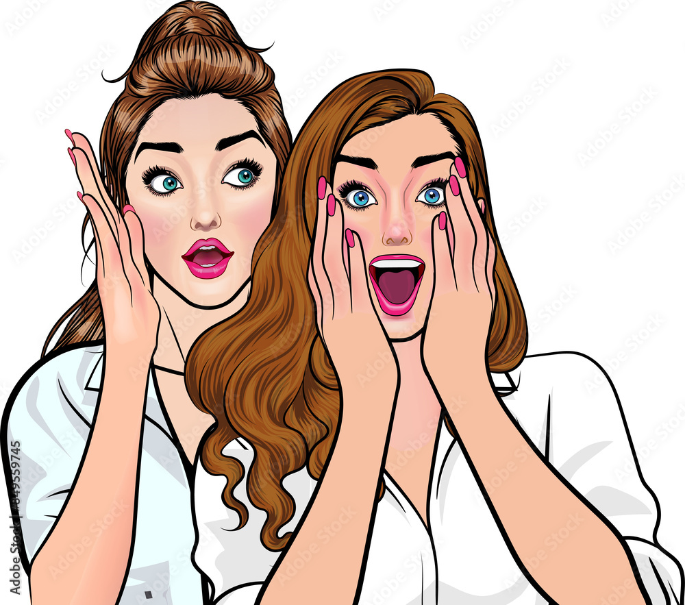 Woman whispering gossip or secret to her friend pop art comics style Woman whispering gossip or secret to her friend pop art comics style