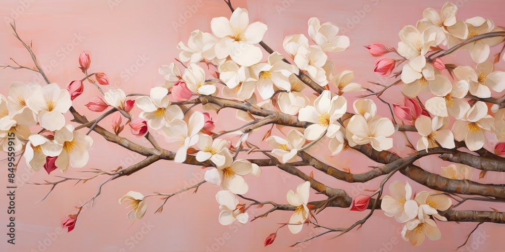 Silk flowers tree branch of cherry sakura bloom plant decoration on pink background scene Silk flowers tree branch of cherry sakura bloom plant decoration on pink background scene