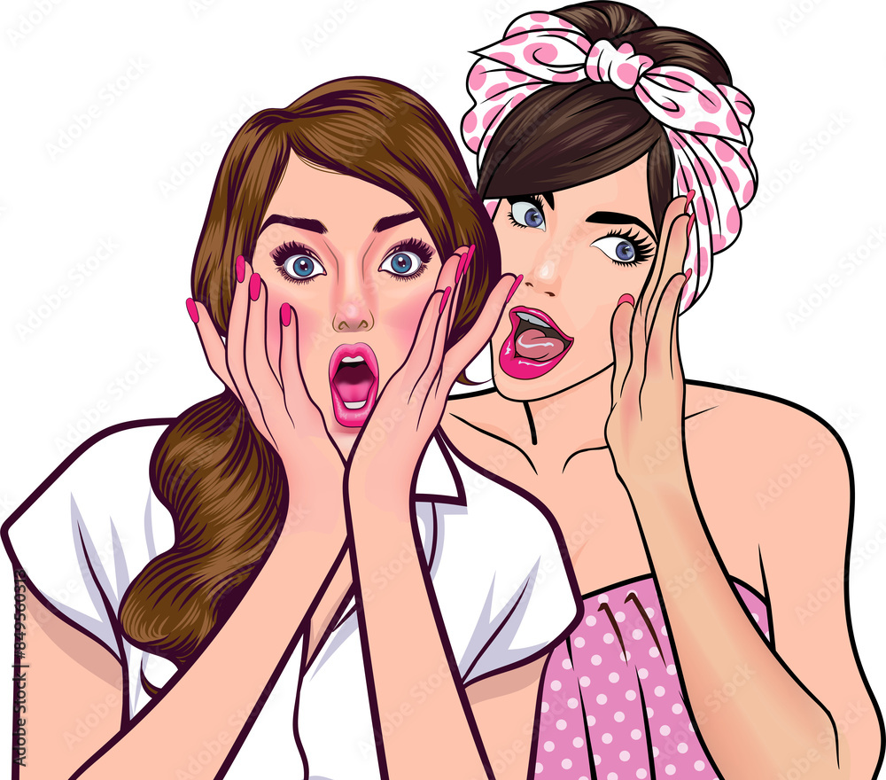 Woman whispering gossip or secret to her friend pop art comics style Woman whispering gossip or secret to her friend pop art comics style