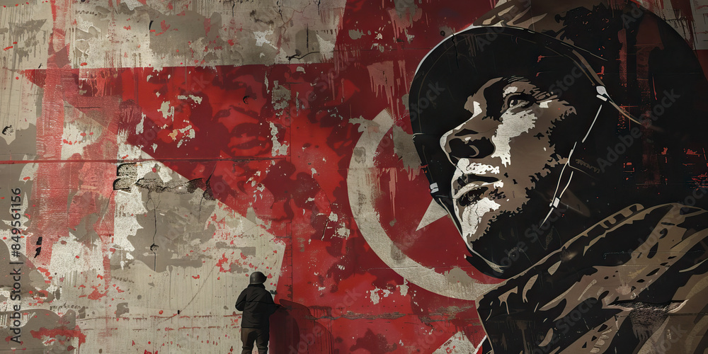 custom made wallpaper toronto digitalArt (WWII Poster): A figure standing next to a WWII propaganda poster, symbolizing the art and propaganda of the era