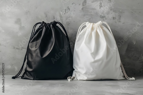 Black and white drawstring bags on gray background, one shiny, one matte