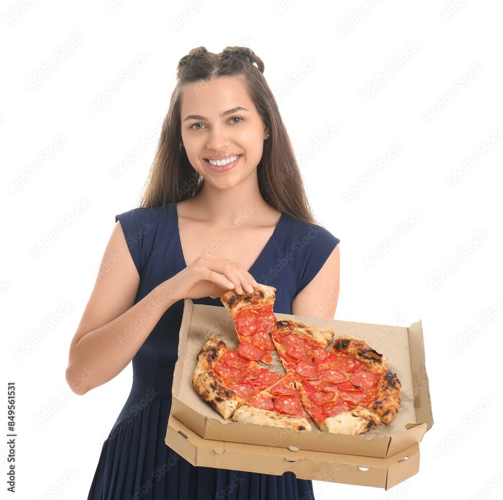 Beautiful young woman with tasty pizza isolated on white background Beautiful young woman with tasty pizza isolated on white background