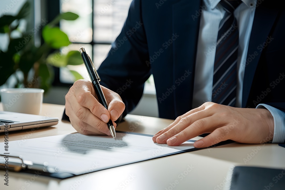 Businessman in suit signs document with black pen in well lit office, emphasizing importance Businessman in suit signs document with black pen in well lit office, emphasizing importance