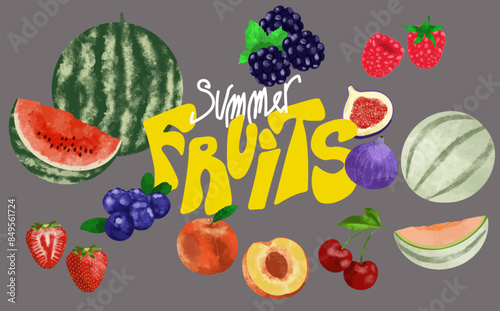ensemble vecteur fruits été texte pastèque fraise cerise pêche myrtille