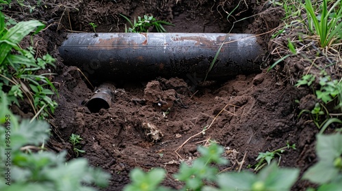 Wallpaper Mural A dark pipe rests in the soil encased by a white synthetic liner Torontodigital.ca