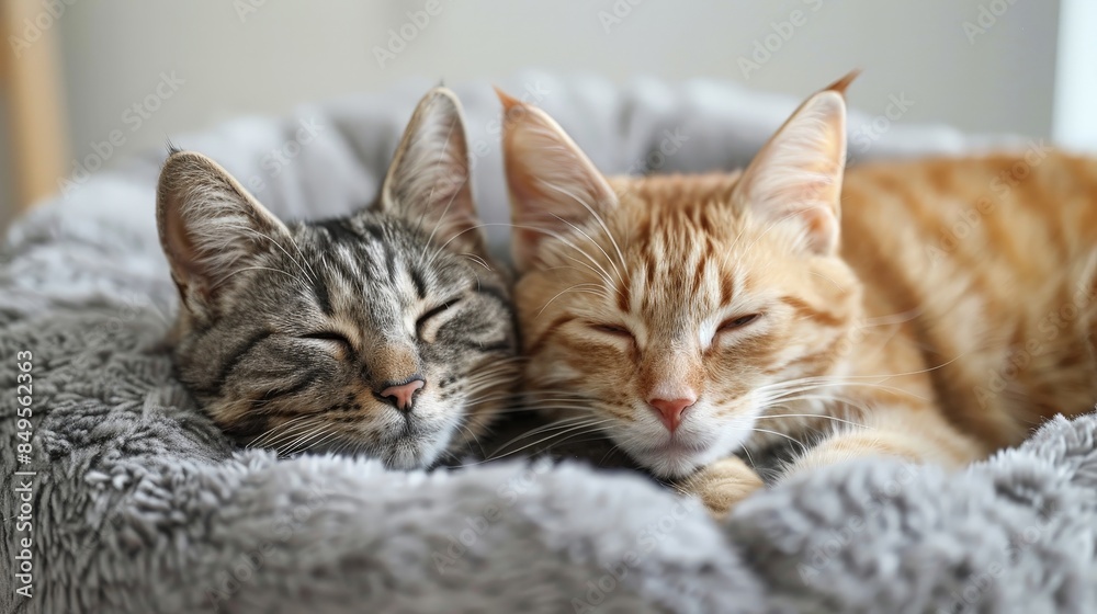 Fototapeta premium Two cats, one gray tabby and one orange tabby, are peacefully napping in a plush bed together