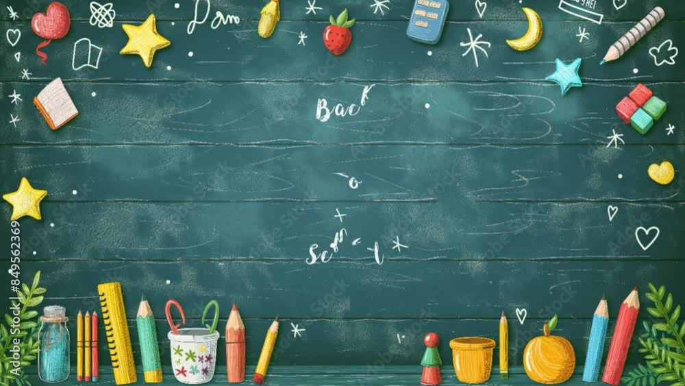 Back to School moving text on classroom chalkboard, seamless animation background