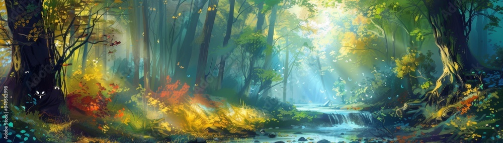 Fototapeta premium Dreamy forest landscape painting, vibrant hues, intricate details, digital art, background design.
