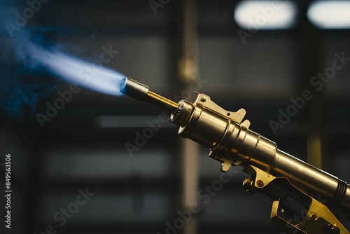 Metallic welding torch with blue flame, golden handle, sharp nozzle, directed leftward photo