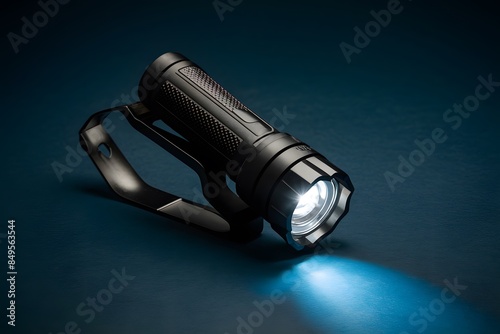 Sleek black flashlight with textured grip and bright white beam on blue background photo