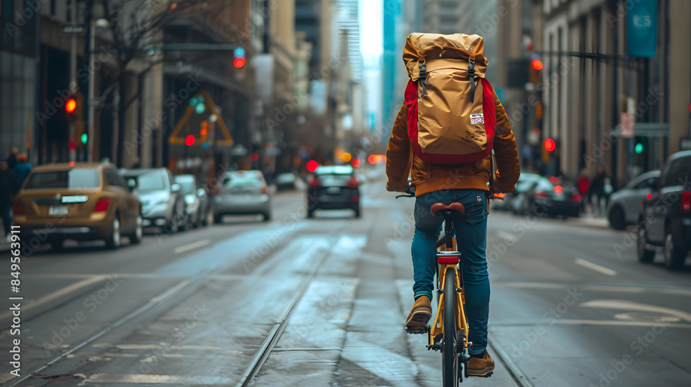 A man is riding a bicycle down a city street with a backpack on A man is riding a bicycle down a city street with a backpack on